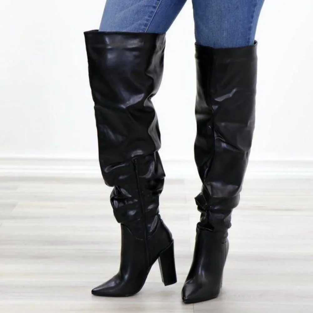 Black Synthetic Leather Thigh High Trendy Boots - Picture 3 of 15